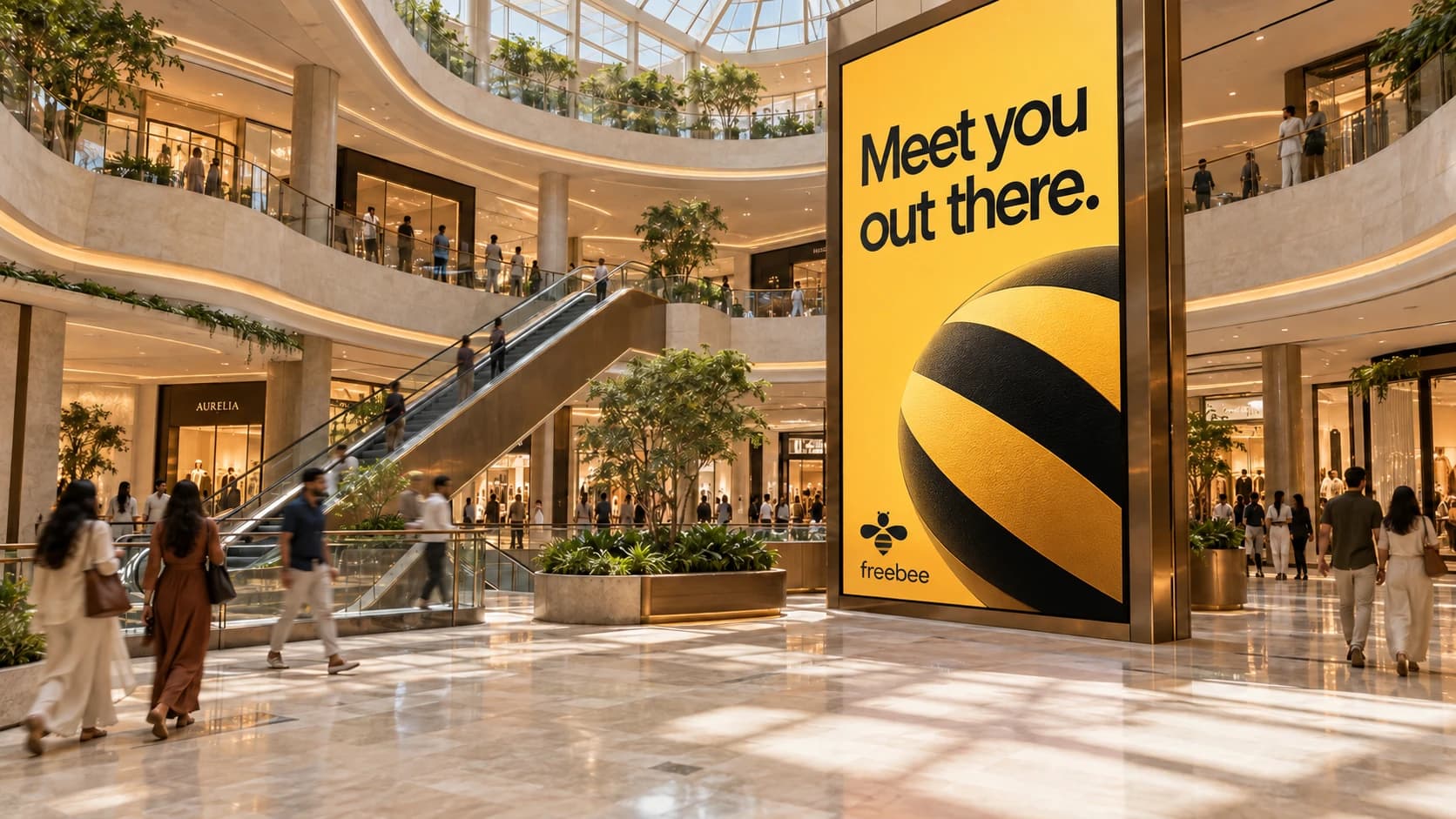 Concept of a large digital campaign screen in a sunlit mall atrium