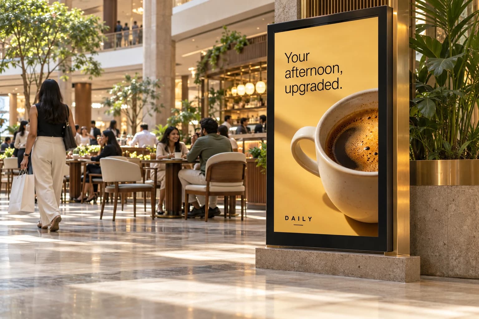 Concept of a fictional coffee campaign displayed near a mall café