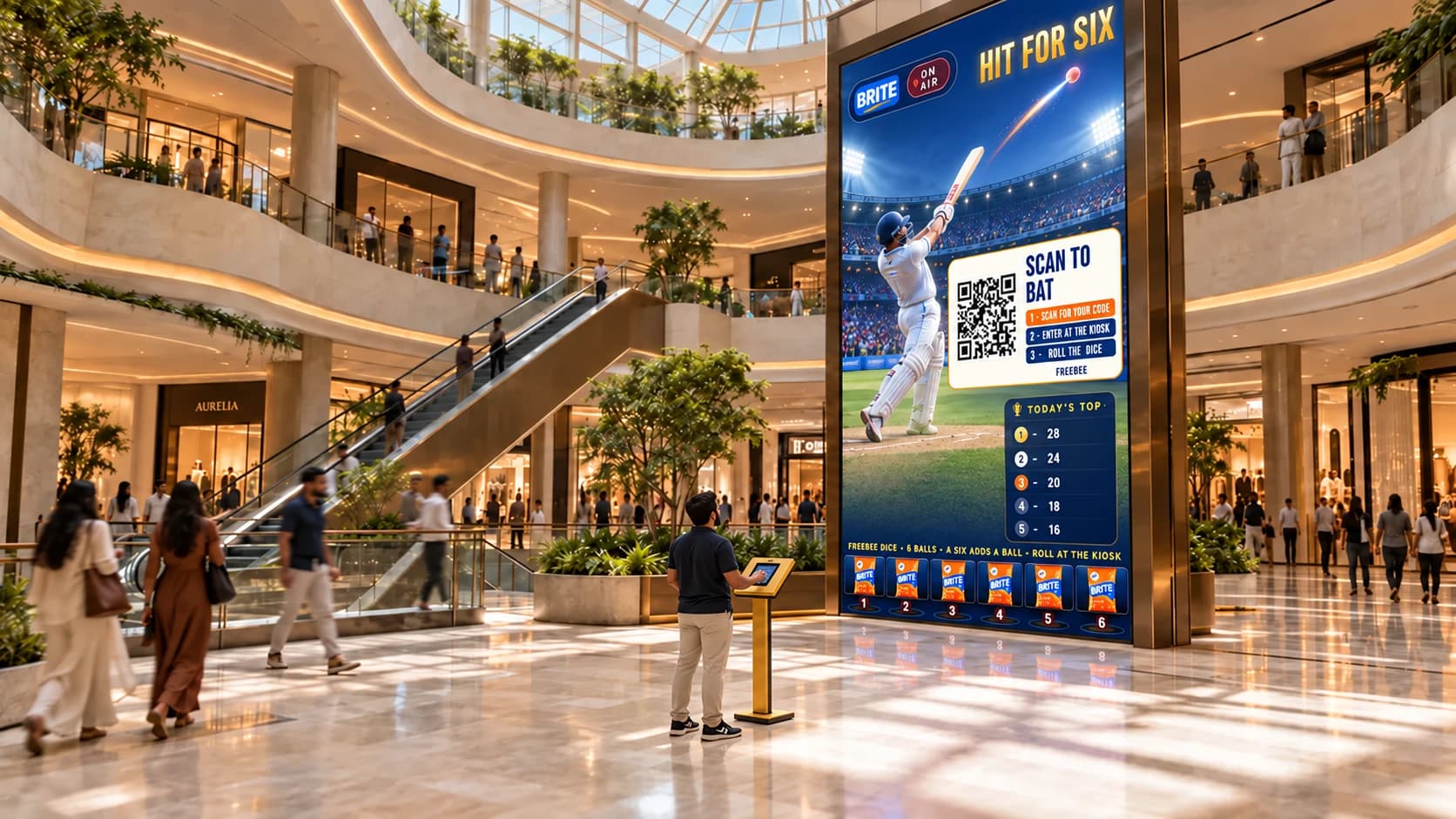 Concept of Hit for Six on a multi-storey atrium LED wall, with a small control kiosk and shoppers below for scale