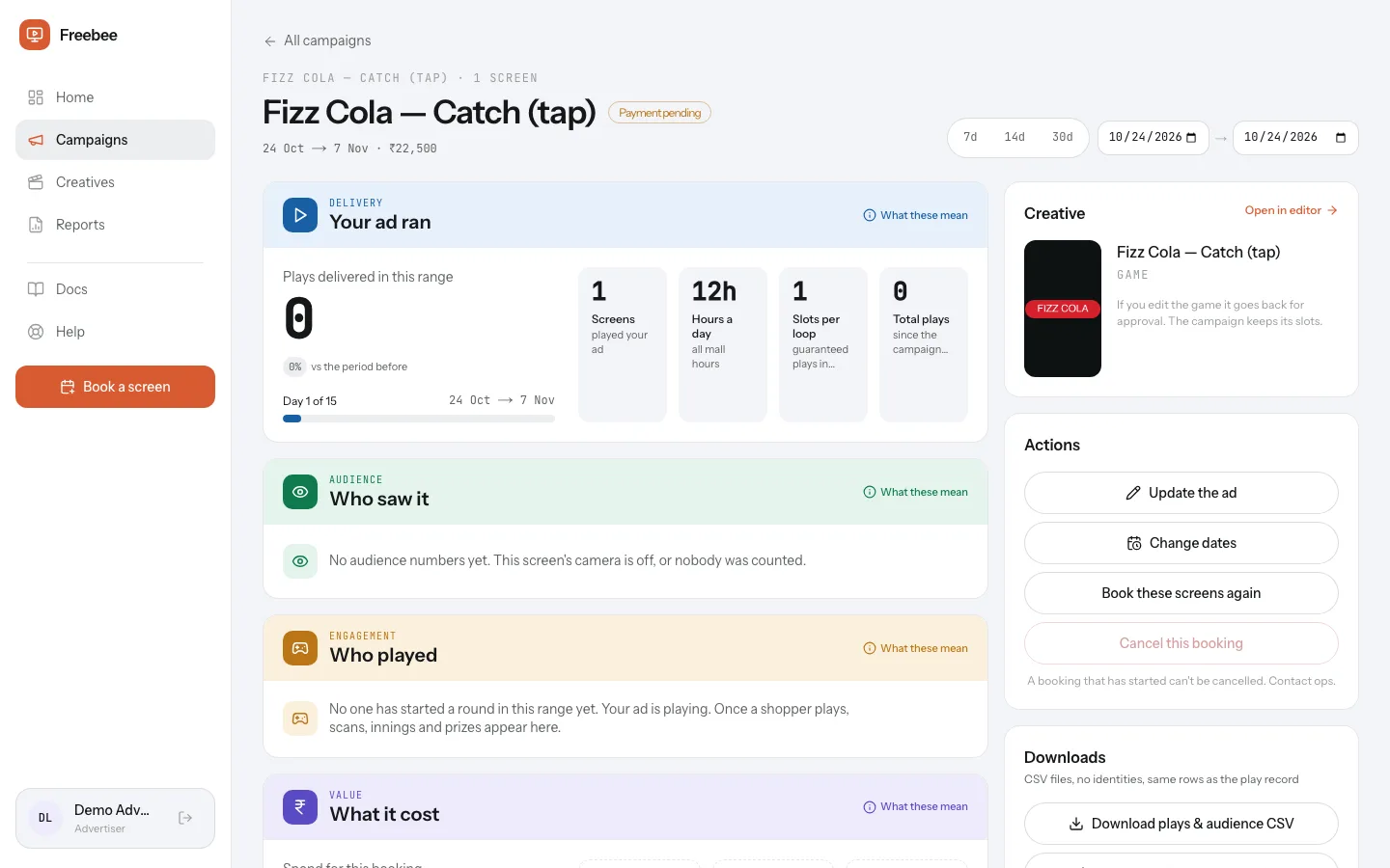 Actual Freebee campaign report interface displaying seeded fictional campaign data